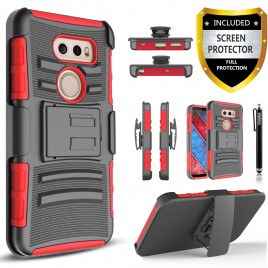 LG V30 Case, Dual Layers [Combo Holster] Case And Built-In Kickstand Bundled with [Premium Screen Protector] Hybird Shockproof And Circlemalls Stylus Pen (Red)